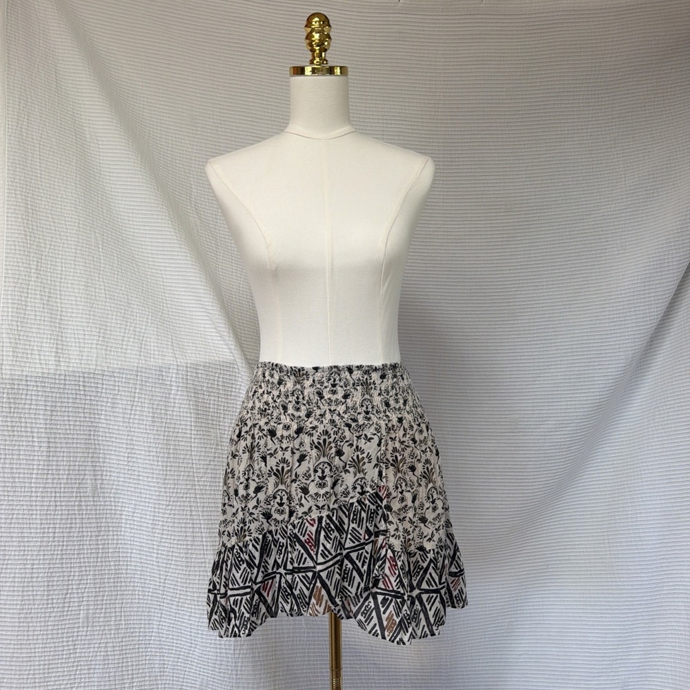 Free People Skirt S Ivory Black Floral Elastic Pull On Lined A Line Mini Boho